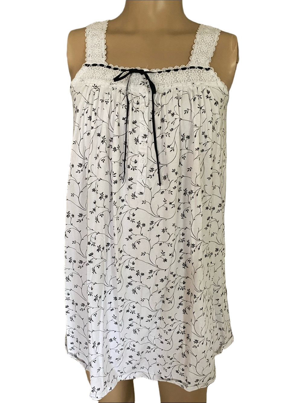 Eileen West White Nightgown with Black Floral Print and Lace